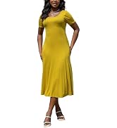 KINIKO Womens Summer Short Sleeve A-Line Flare Dresses, Scoop Neck and Unique Back Button Detail