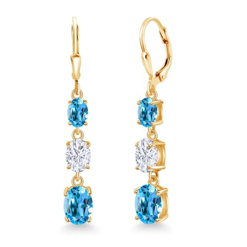 Gem Stone King 18K Yellow Gold Plated Silver Swiss Blue Topaz 3 Stone Dangle Earrings For Women (5.90 Cttw, Gemstone November Birthstone, Oval 8X6MM, 7X5MM and 6X4MM)