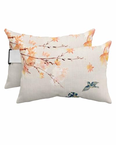 AMZRicher Leaves Birds Outdoor Waterproof Pillows for Recliner Chaise Lounge Chair, Botanical Abstract Watercolor Farmhouse Lumbar Pillows with Inserts & Elastic Band for Patio Beach 2 Pack-11x16 in