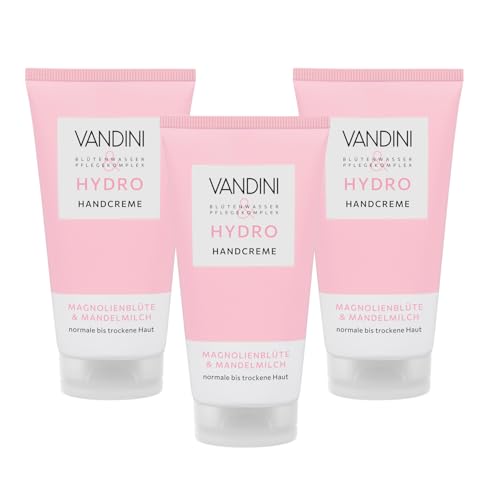 VANDINI Hydro - 3 creme per le mani da donna, 75 ml, con fiori di magnolia e latte di mandorle, crema per le mani per pelli normali e secche, vegana, senza parabeni e siliconi, Made in Germany