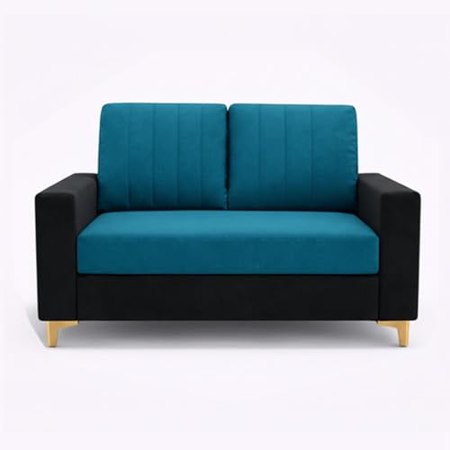 Image of Hendrick Plush Velvet 3 Seater + 2 Seater Sofa Set with 2 Ottoman | Silken Velvet Upholstery | Golden Legs | Designer Set for Living Room & Office Spaces (Black, Aqua Blue & Light Grey)