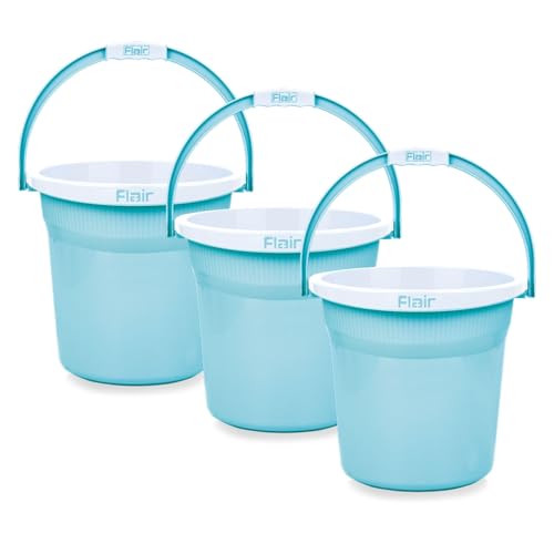 Image of FLAIR Estella 8L Set of 3 Plastic Bathroom Bucket, Blue | Durable Virgin Plastic Buckets with Easy-Grip Handle | Lightweight & Multipurpose for Mopping, Floor Cleaning, Kitchen and Daily Use