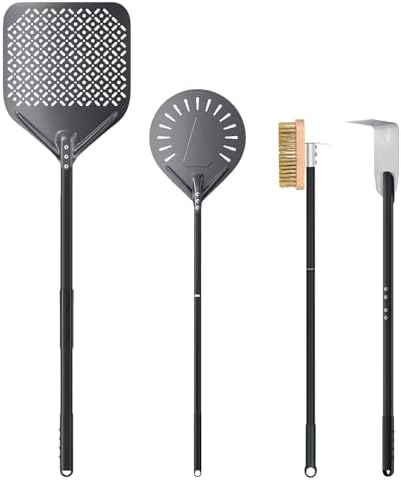 4 Piece Pizza Oven Kit 9 Inch Turning Peel Perforated Pizza Peel and Oven Brush Ash Rake Wood Burning Commercial Oven Accessoires for Home Restaurant