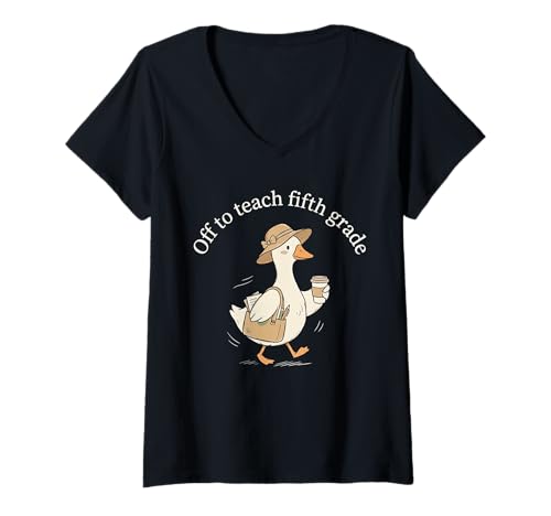 Women's Off to Teach Fifth Grade Cute Goose Teacher Coffee Graphic V-Neck T-Shirt
