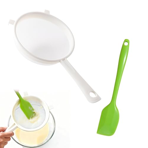Sekfpnk Weißes Plastiksieb Ausgestattet mit Grünem Silikonschaber Kunststoff Sieb mit 14 cm Durchmesser Geeignet zum Filtern von Joghurt Obst Sojamilch und Gemüse