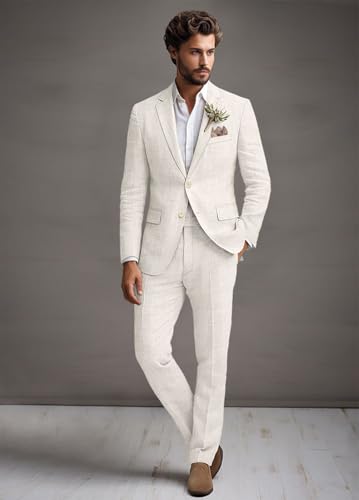 Wangyue Linen Suit for Men 2 Piece Suit Classic Fit Mens Linen Suits for Beach Wedding Suit Casual Blazer Pant Prom Suit2