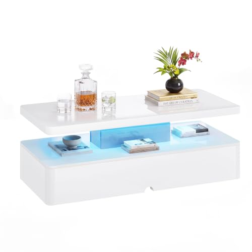 MXV Modern LED Coffee Table, 46" High Gloss 2-Tier Center Table with 16 Colors Lights, Living Room Table with Remote Control, White by MXV - Used condition - Image 8