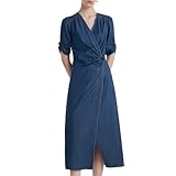 GOELIA Causal Summer Dresses for Women V Neck 3/4 Sleeve Midi Dress Twist Waist Denim Womens Dresses