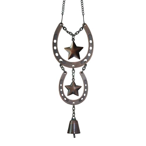 JUNADJUL 15-inch Height Horseshoe Wall Decor Hanging, Western Horse Decoration with Metal Stars and Witch Bell, Indoor Outdoor Lucky Horseshoes Decor Hanging Ornaments (Copper)