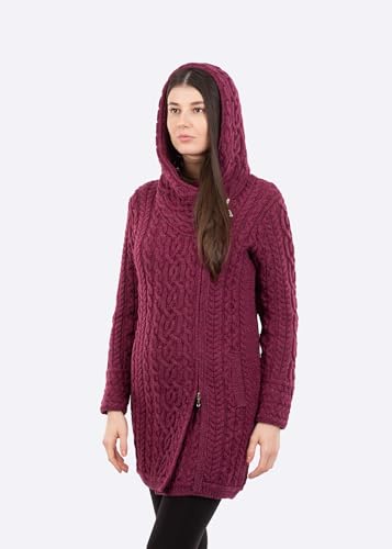 Image of SAOL Ladies Irish Aran Zip Cardigan - 100% Merino Wool Coat with Pockets and Hood, Made in Ireland