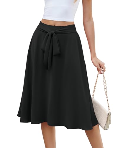 NILOUFO Women Summer Casual Skirt High Waisted Elastic Flowy Tie Knot Midi A-Line Skirts with Pockets