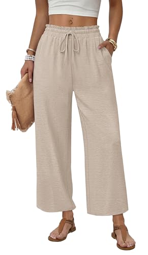 Linen Pants Women Wide Leg Palazzo Pants Boho Flowy Casual Summer Outfits 2026 Boho Fashion Clothing Beach Vacation Clothes Spring Trouser Travel Cruise Outfits Dressy Lounge Resort Wear Khaki M
