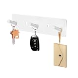 kuaima Key Holder Wall Mount, 7 Inch Adhesive Key Hanger with 3 Hooks, Small Metal Key Rack, 2 Mount Options, White