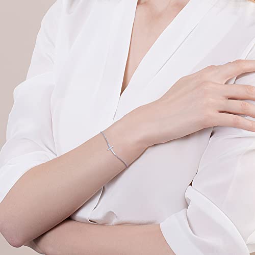 Fancime Valentines Day Gifts White Gold Plated 925 Sterling Silver Cable Link Chain Cz Cubic Zirconia Sideways Cross Crucifix Bracelet For Women Girls Friendship Charm Adjustable Teens, 15 + 3Cm #TOP3