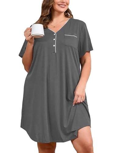AusLook Plus Size Gray Nightgown for Women Midi Sleep 2X Dress Short Sleeve V Neck Loose Fit Lounge House Dress Soft Casual Night Dress