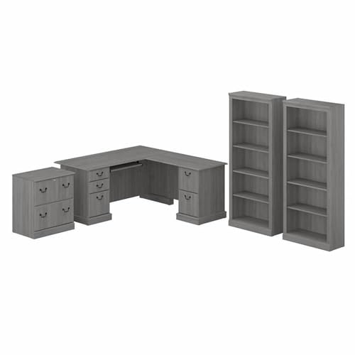 Bush Furniture Saratoga L Shaped Computer Desk with File Cabinet and Bookcase Set in Modern Gray