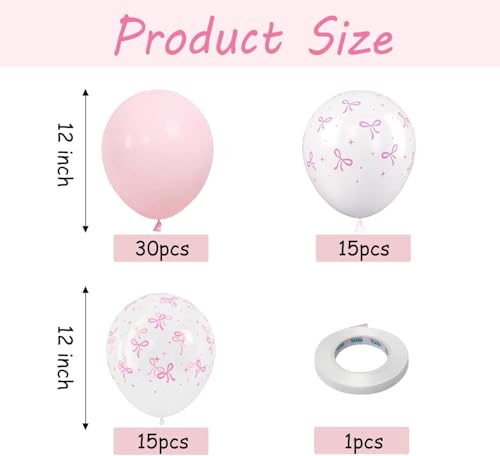 Image of 12 Inch Pink Bow Balloons Set 60 Pcs Pastel Pink White Clear Bow Print Latex Balloons for Princess Birthday Bridal Shower Wedding Party Decorations