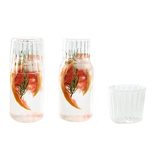 URMAGIC 4 Pcs Bedside Water Carafe Set with Tumbler Glass,600ml Ribbed Clear Glass Water Pitcher,Ripple Glass Carafe with Glass Cup,Vintage Glass Mouthwash Bottle,Juice Carafe Set,Iced Tea Kettle