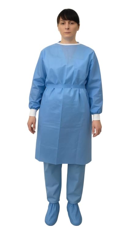 Image of Disposable Isolation Gowns for Medical, Dental and Lab, Poly-Reinforced SMS Fabric, Level 3 Sterile, Latex-Free, Long Cuffed Sleeve, One Size, Blue - 1 Count