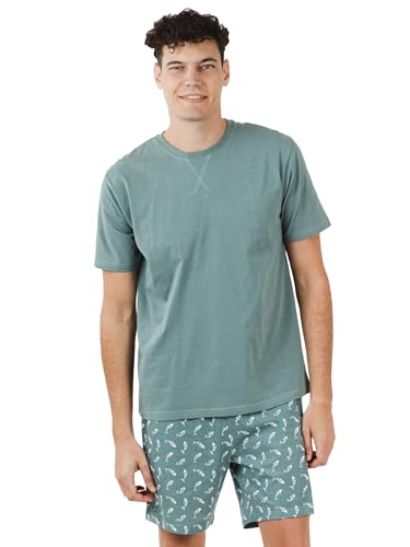 TRAMAS+ Pijama Hombre Verano 100% algodón, Pijama Corto Hombre, Conjunto de Pijama Camiseta Manga Corta y Pantalón Corto, Pijama Cómodo y Fresco - (Flip Verde, XL)