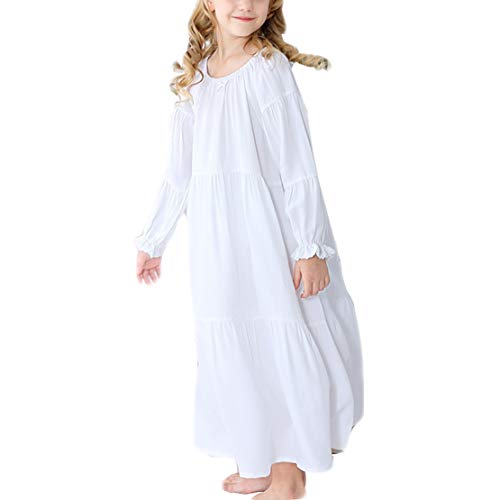 Camisón Niña Manga Larga Pijama de Algodón de Vestido de Noche Camisones para Niñas Blanco,90-150 Cm