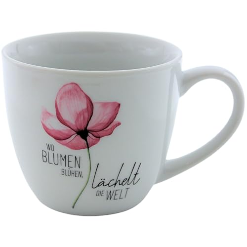 Dekohelden24 Maxi-XXL Kaffeebecher/Tasse aus Porzellan, XXL Kaffeepot, Motiv: Blüte, Wo Blumen blühen, lächelt die Welt, Größe H/Ø: 9,2 x 10,5 cm, Fassungsvermögen 400 ml, Spülmaschinengeeignet.