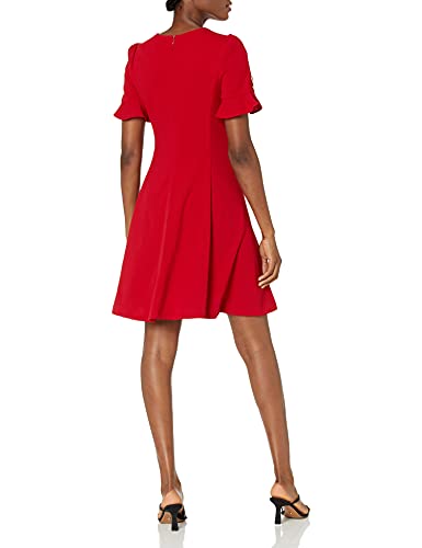 Image of DKNY Women's Flounce Sleeve Fit and Flare with Belt Dress, Scarlet, 8 US