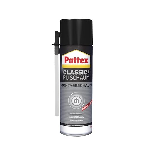 Pattex PU Schaum Classic Montageschaum, zum Füllen & Dämmen von Türen & Fenstern, Isolierschaum gegen Kälte- & Schallbrücken, vielseitiger Bauschaum, Weiß, 1x500ml Dose