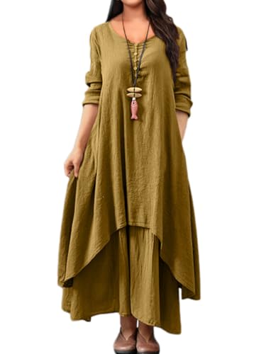 shownicer Freizeitkleid Damen 3/4 Ärmel Kleider Baumwolle Leinen Bequem Lose Kleid Sommer Rundhals Lange Kleid Strandkleid Maxikleid B Gelb 3XL