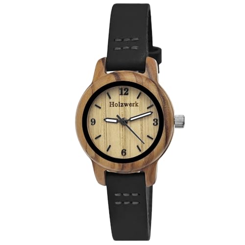 Holzwerk Germany Handgefertigte Kleine Öko Damen-Uhr Öko Natur Holz-Uhr Leder Armband-Uhr Analog Klassisch Quarz-Uhr in Schwarz Braun Rot Blau Türkis (Schwarz.bunt)