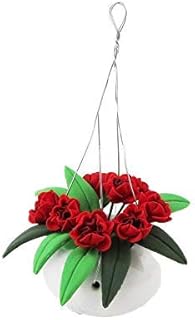 Melody Jane Dollhouse Red Flowering Plant in White Hanging Basket Home or Garden Accessory
