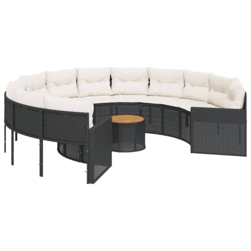 Mhdvray Canapé de Jardin Rond avec Table Basse en Résine Tressée Noire, Salon de Jardin Circulaire avec Coussins Blanc Cassé et Plateau en Bois d'Acacia,...