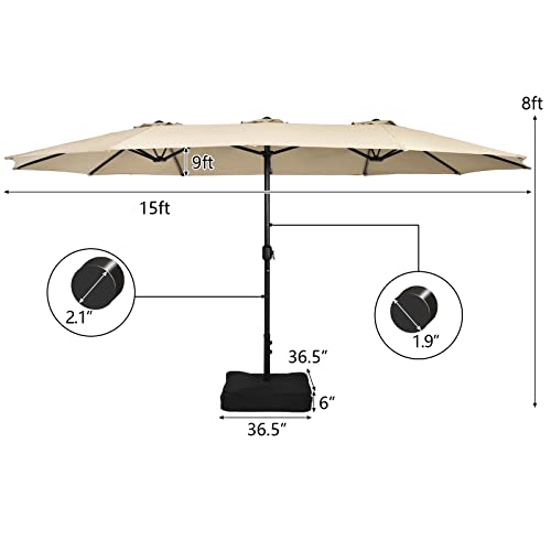 Image of Tangkula 15FT Double-Sided Patio Umbrella with Base, Extra-Large Market Umbrella W /Crank System, Outdoor Twin Umbrella W / 12-Rib Metal Structure & Air Vents for Garden, Backyard, Poolside (Beige)