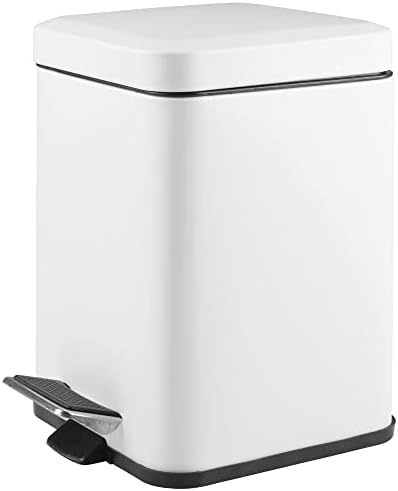 mDesign Square Household Rubbish Bin  6 Litre Metal Waste Bin with Pedal, Lid and Plastic Bucket Insert  Pedal Waste Basket for Bathroom, Kitchen and Office  White