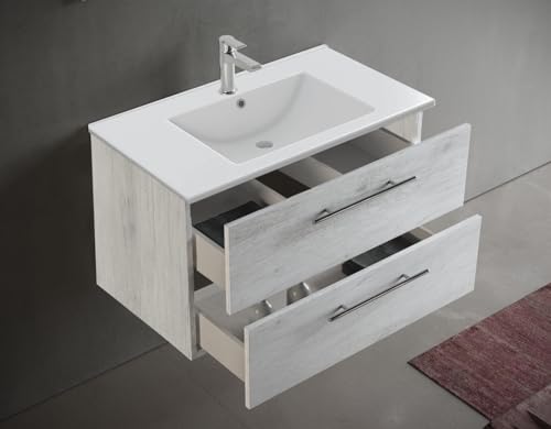 MaMa Store IRIS 80 - Mobile Bagno Sospeso IN KIT DA MONTARE 80 CM QUERCIA BIANCO con Lavabo,...
