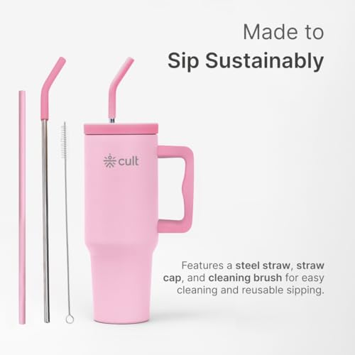 Image of CULT 1200ml Stainless Steel Insulated Tumbler with Handle, Straw & Cleaner Double Wall Vacuum Bottle for Hot & Cold Drinks Leakproof Travel Mug Reusable for Gym, Office & Travel Pink