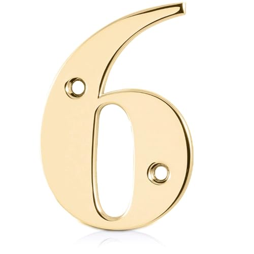 XFORT Polished Brass Front Door Number 6, House Number Suitable for All Door Types including Wooden, uPVC, and Composite.