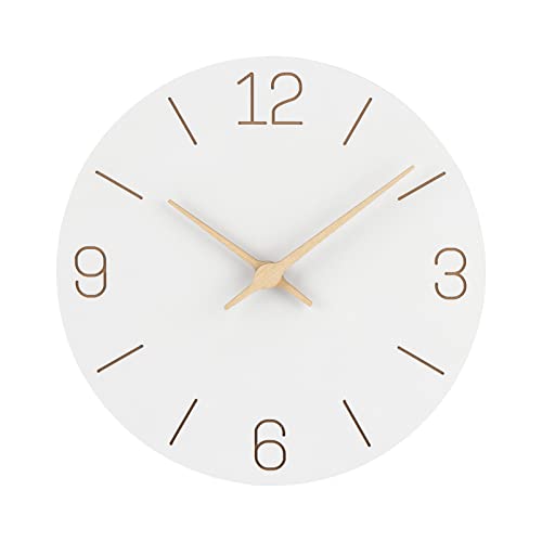 NESIFEE Reloj de pared sin ruido de tictac, de madera, silencioso, reloj de pared, para salón, blanco, 30 cm, moderno, color blanco, vintage, reloj de cocina, grande, batería, fácil de leer para