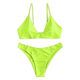Material: Nylon, Elasthan ZAFUL Damen Bikini mit gepolstertem Hochgeschnittenem Bindeband und Zweiteiligem Badeanzug (S, Grün Gelb)