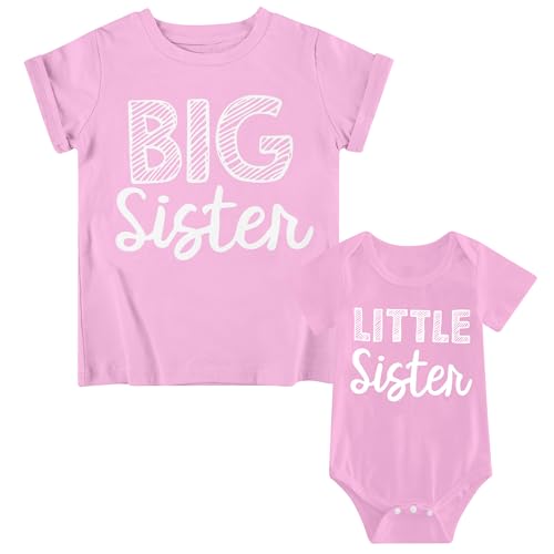 Image of Funnycokid Big Sister Little Sister Matching Outfits Newborn Baby Girls Clothes Girl T-Shirt Set Gift Pink Kid (5T)/Baby (0-3M)