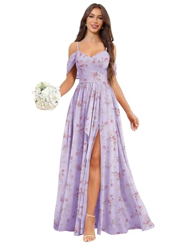 Long Chiffon Bridesmaid Dresses for Women Off The Shoulder Floral Formal Dress