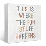Mtrgdn Boho Classroom Playroom Decor,Play Room Decor for Kid,This Is Where The Fun Stuff Happens Wooden Box Sign for Classroom Playroom Nursery Kids Bathroom Desk Shelf Wall Decorations,5x5 Inch