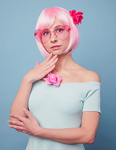 Image of LIULIUBTY Short Bob Hair Wigs Straight with Flat Bangs Synthetic Colorful Cosplay Daily Party Neon Wig for Women + Free Wig Cap 12 inch Natural As Real (Cute Pink)