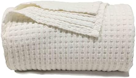 DerF HOME Waffle Cotton Blanket - Waffle Weave Blanket with Wash and Drawnwork Technique Queen Size, Soft Lightweight Bed Blanket for All Season(90x90 inches, Cream White)