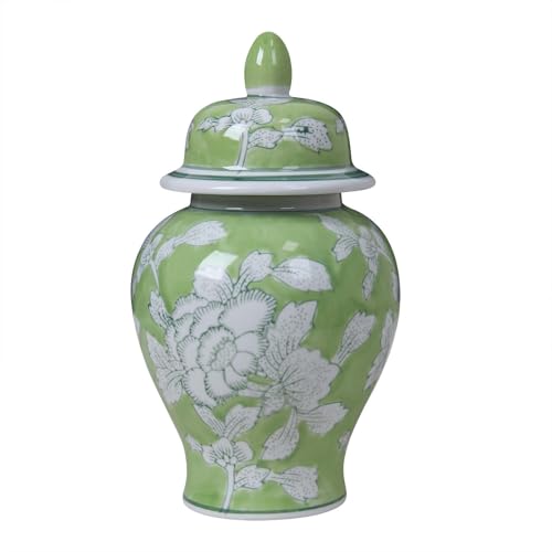 Siqiyangly 7.85 Inch Small Ceramic Ginger Jar, Green Hand-Painted Decorative Flower Vase, Chinoiserie Decor Porcelain Tea Jars with Lids for Kitchen, Living Room, Office or Bookshelf