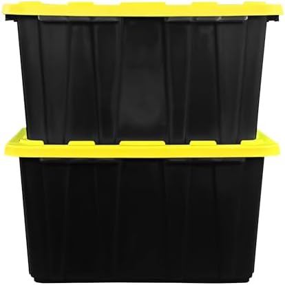 STOWIX BLACK & YELLOW 27-Gallon Storage Bin with Snap-on Lid, Heavy Duty Plastic Storage Bins with Lid, Stackable, 2 Pack