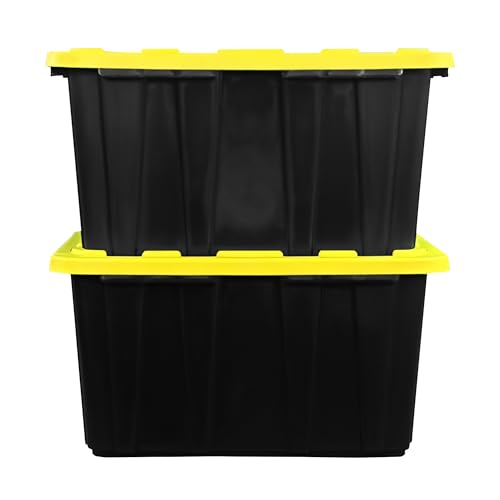 STOWIX BLACK & YELLOW 27-Gallon Storage Bin with Snap-on Lid, Heavy Duty Plastic Storage Bins with Lid, Stackable, 2 Pack