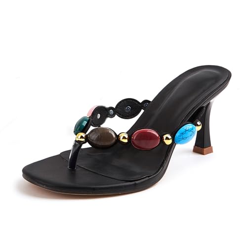 BOEGBNW Women's Jeweled stiletto Flip Flops Sexy Slip on Comfortable heel Strappy Thong Sandals Summer Round open toe wedding party dress mules (Black,8)