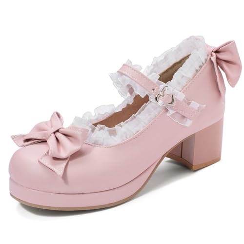 DINTAHA Cute Kawaii Shoes,Platform Mary Janes Chunky,Bow Heels for Women