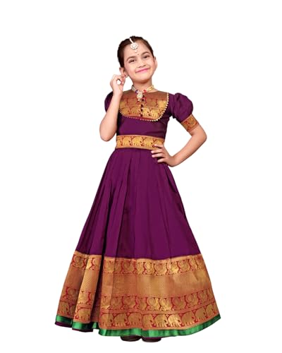 Image of Girls Silk Pattu Gown for Kids Traditional South Indian Long Ethnic Dress | Baby Girl Festival Pavadai Sattai Style Party Wedding Birthday Special Occasion Outfit